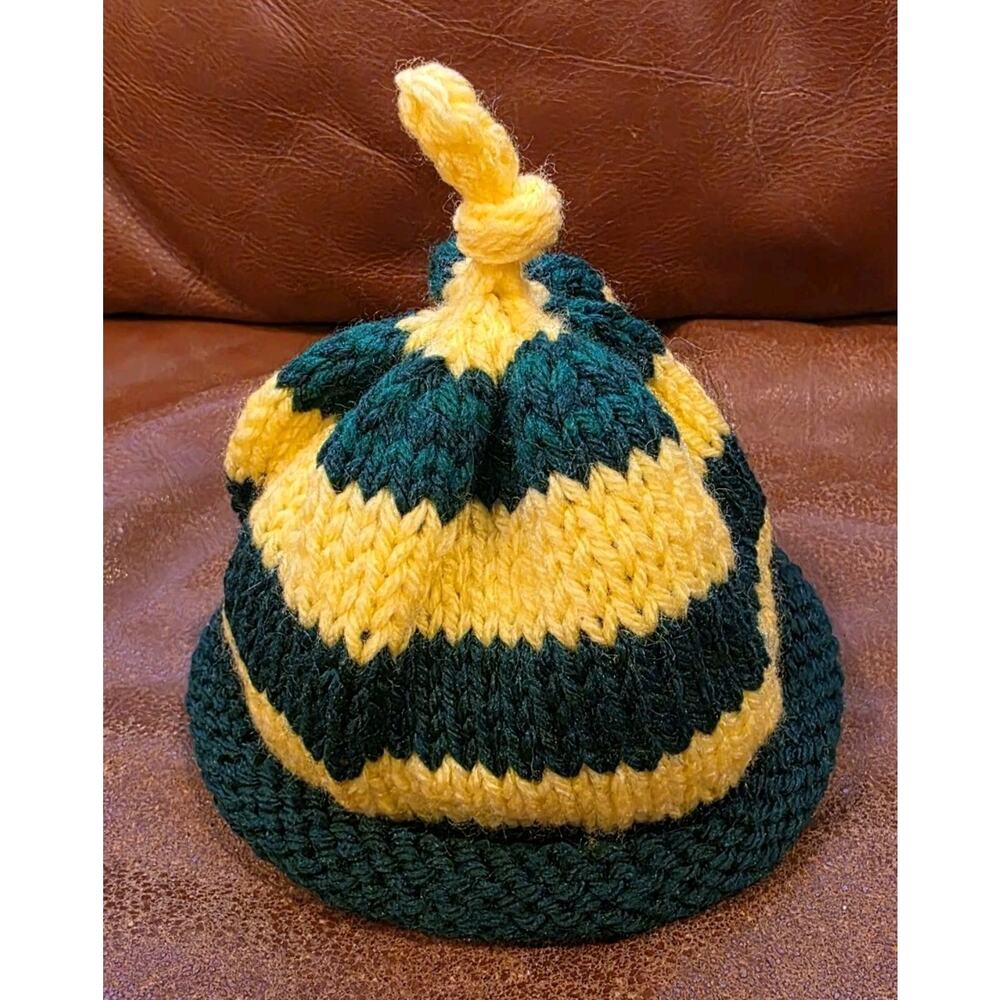 Handcrafted Green Yellow Striped Beanie Rolled Bottom 3 Months Baby Winter Hat